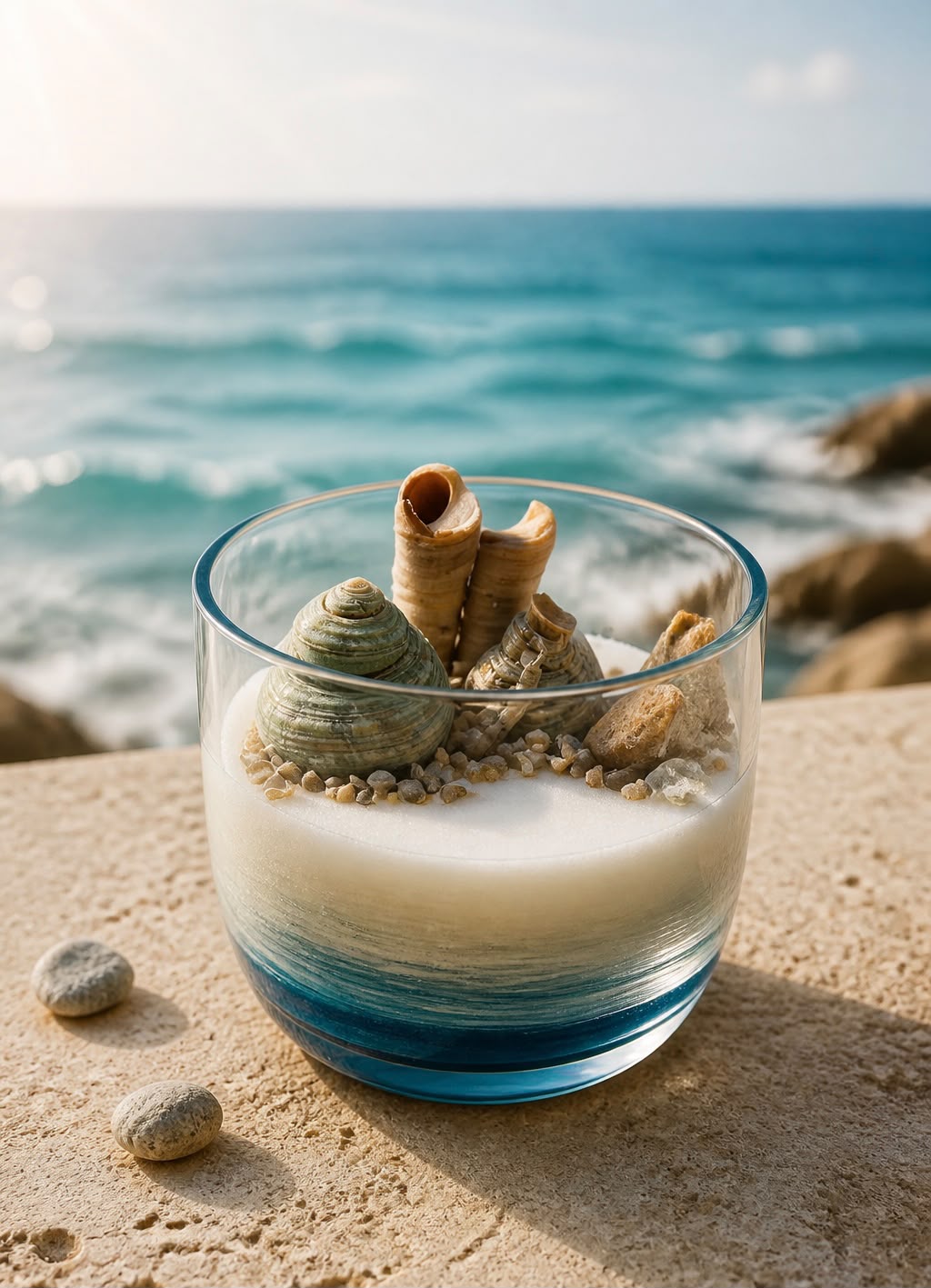 A finished candle photographed in clear coastal daylight.