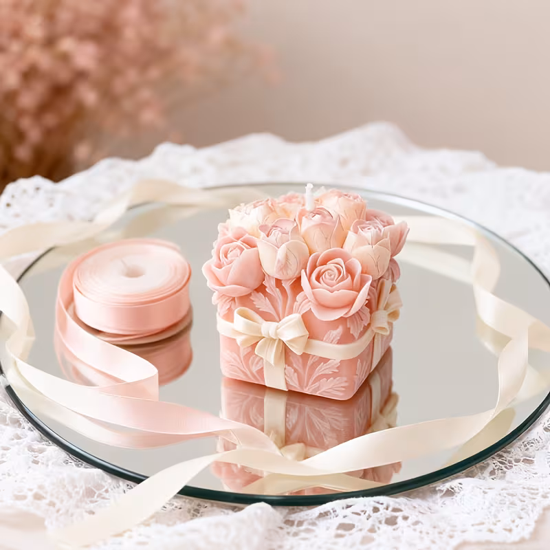 Alabaster, soft rose candles arranged on linen.
