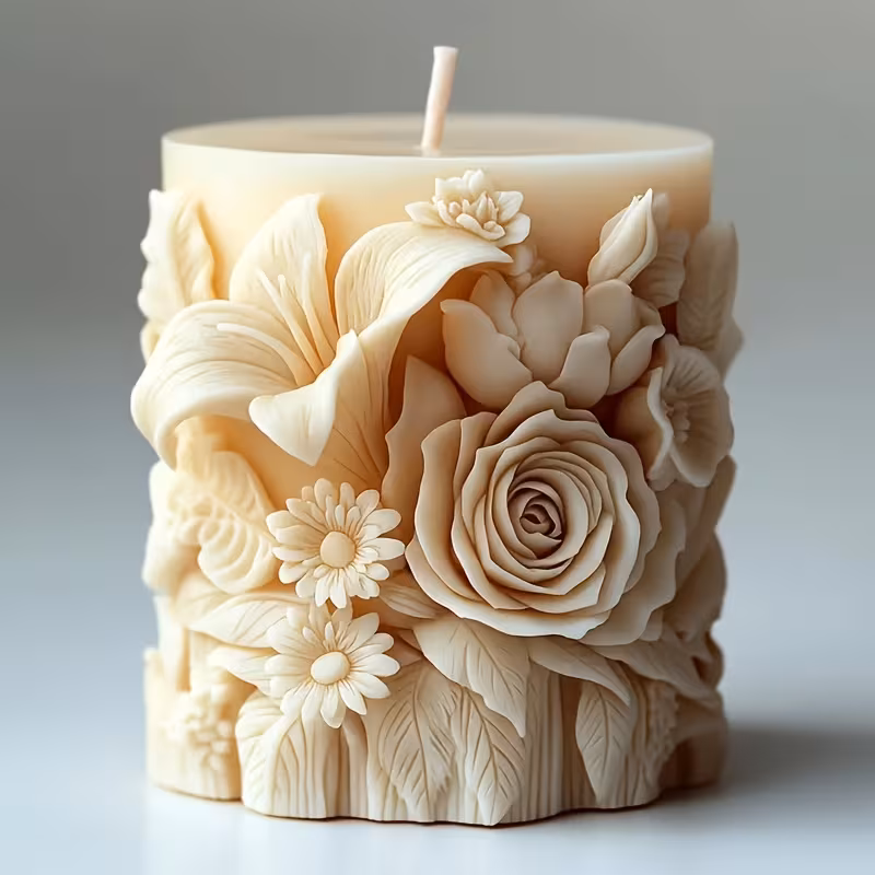 Hallow, a pale rose-detailed candle in still light.