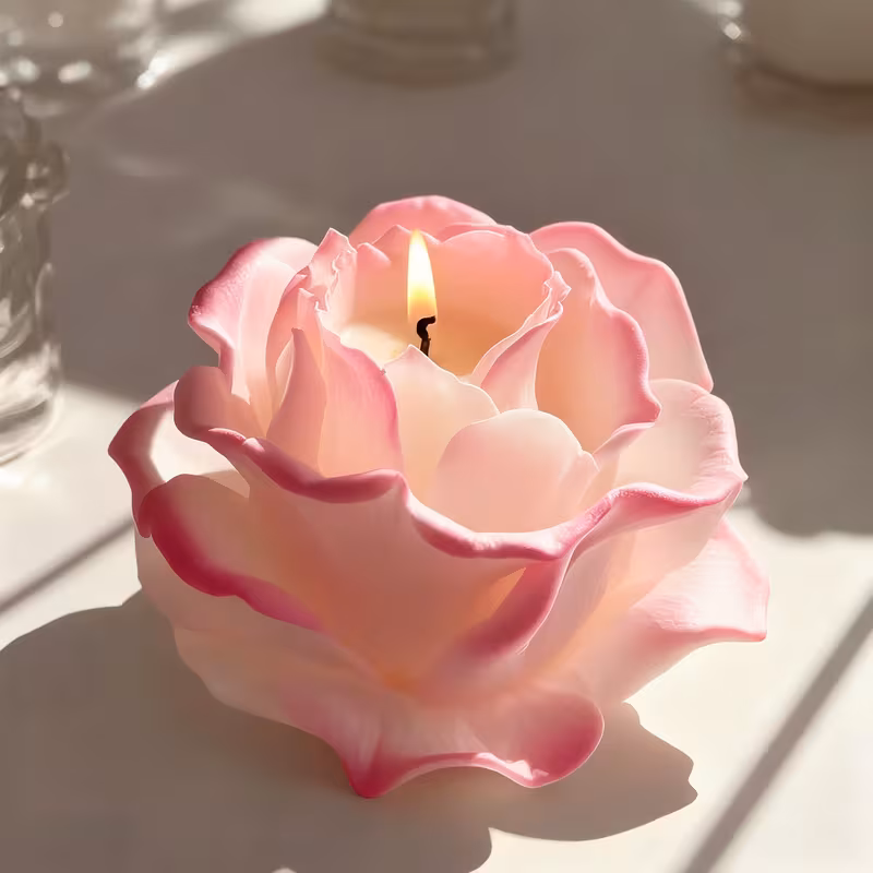 Morning Mercy, a rose-formed candle in warm morning light.